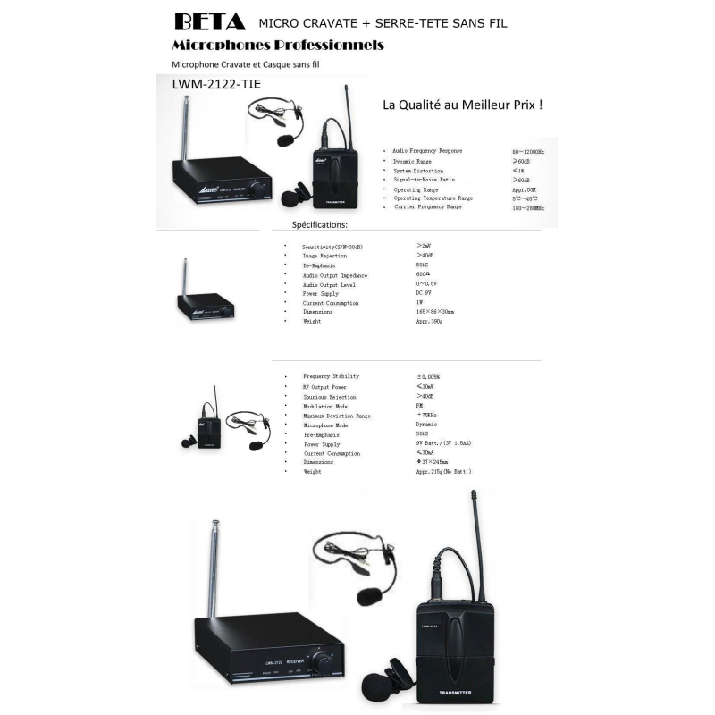 MICRO SANS FIL CRAVATE + SERRE-TÊTE BETA KIT MICROPHONE SANS FIL CRAVATE ET CASQUE AVEC RÉCEPTEUR SANS FIL LWM-2122