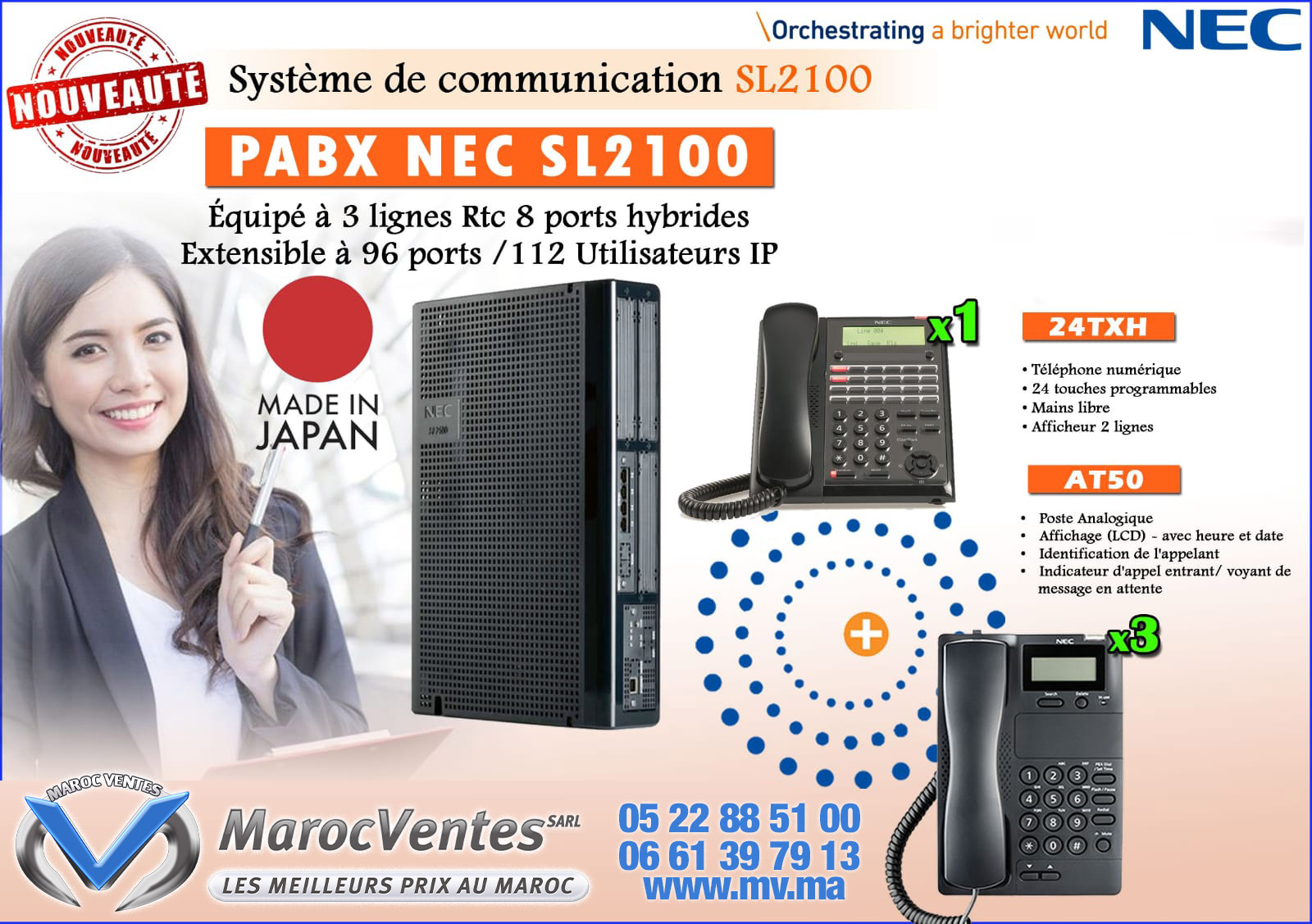 SL2100 3 Lignes RTC 8 Ports Hybrides Extensible à 96 Ports / 112 Utilisateurs IP + 1 X 24TXH + 3 X AT50 PABX NEC SL2100